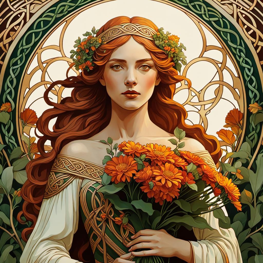 Art Nouveau Celtic Woman Portrait with Autumn Flowers