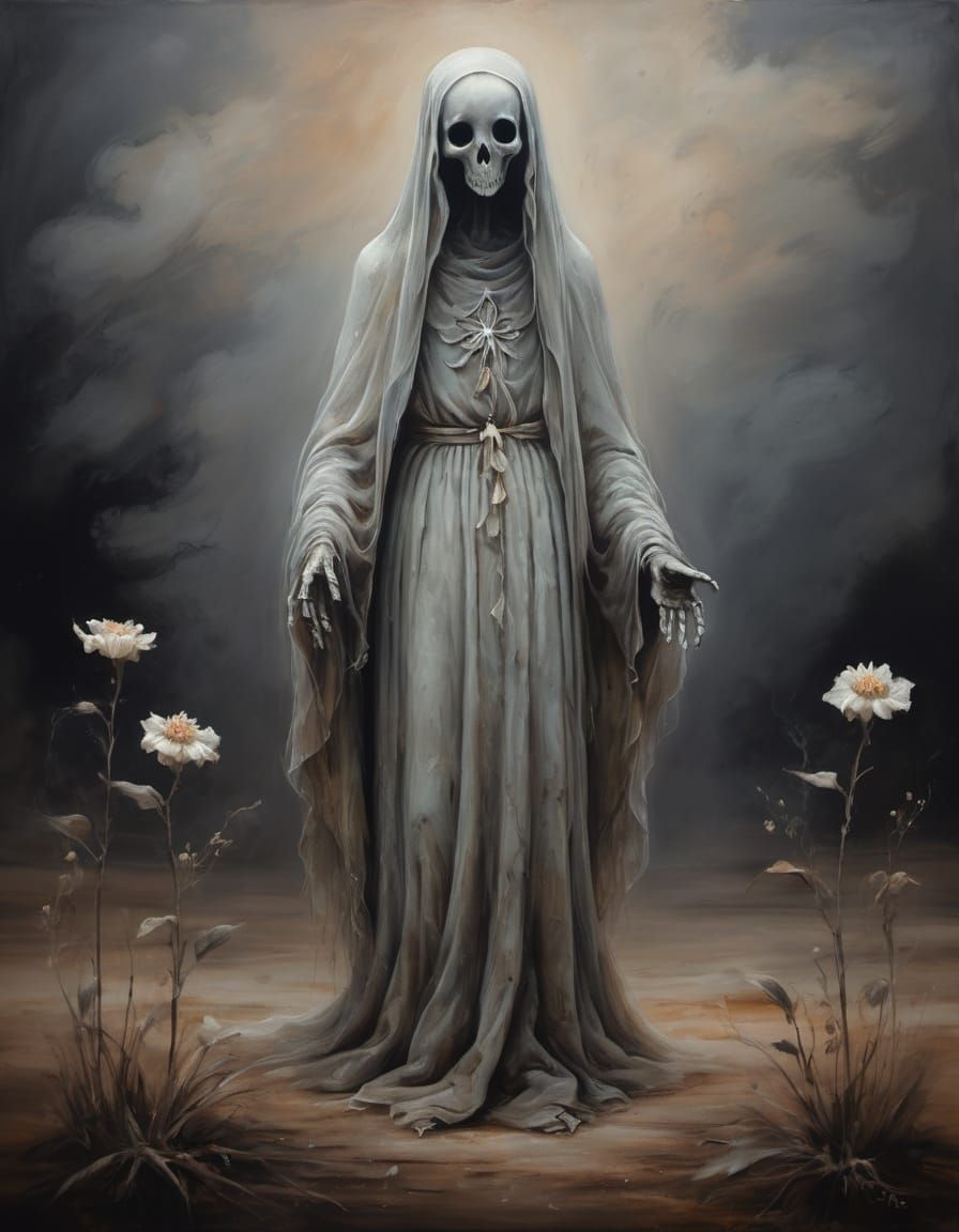 Ghost with Wilted Flower: Whimsical Oil Painting