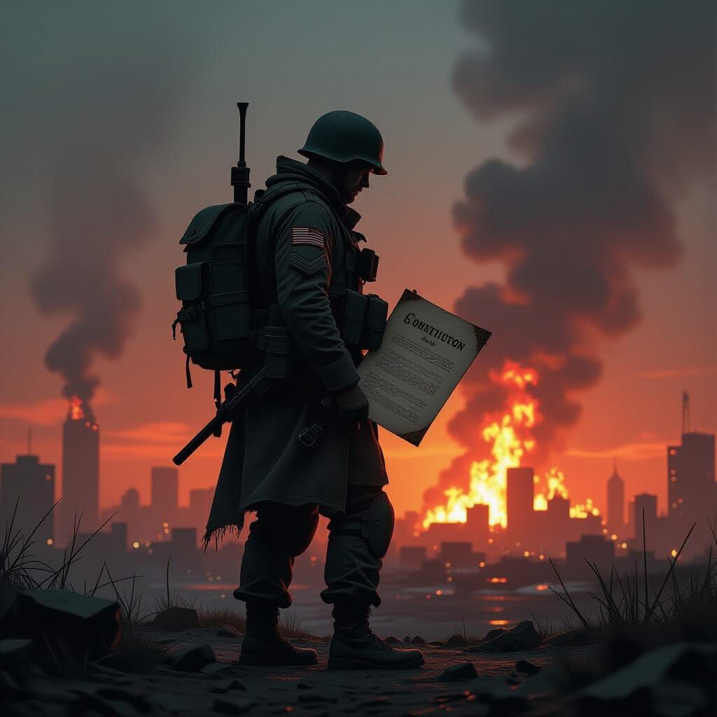 Soldier Clutches Constitution in Burning Cityscape
