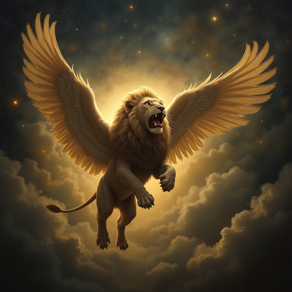 Renaissance-Inspired Lion Soars Through Celestial Expanse