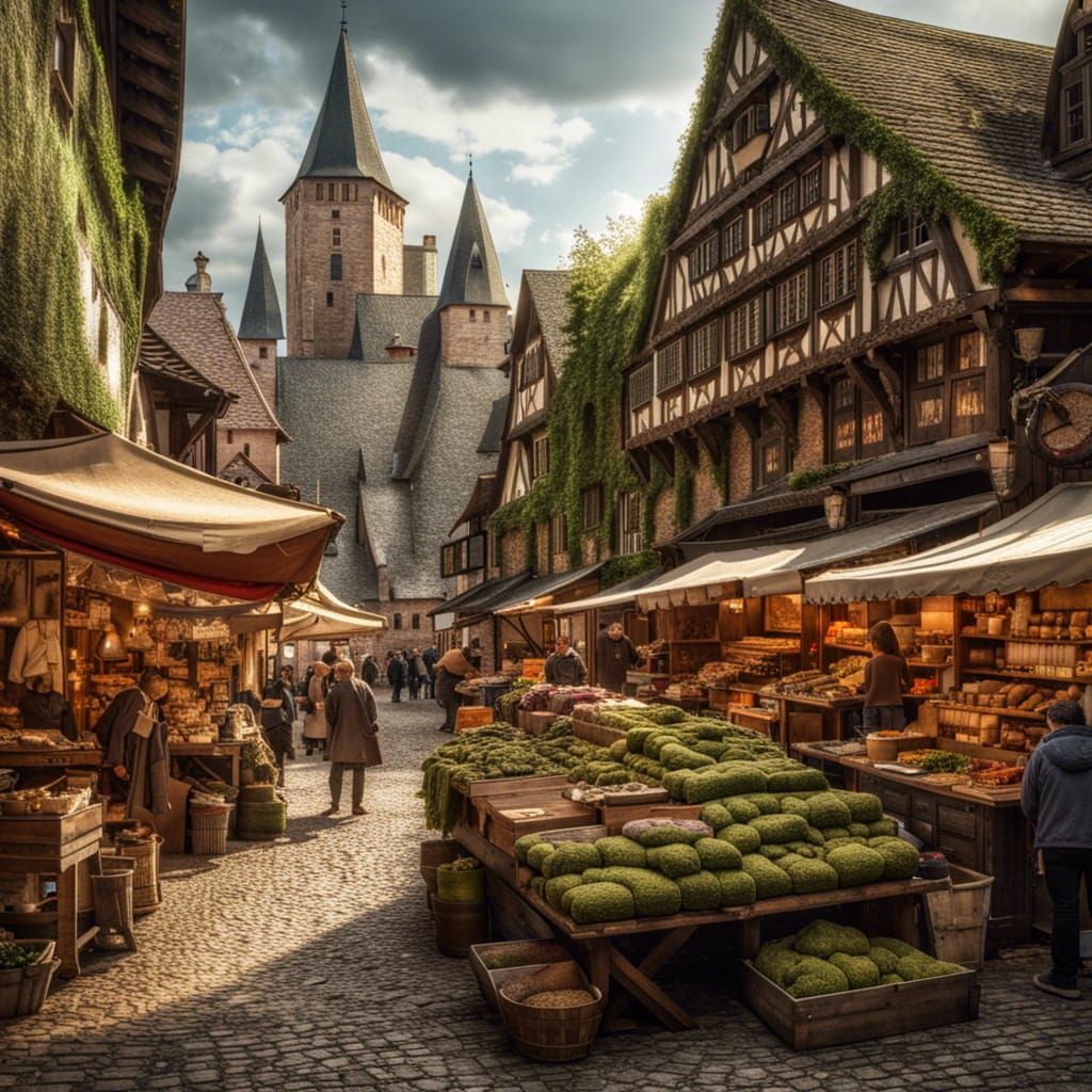Epic Medieval Market Scene with Shops and Carriages