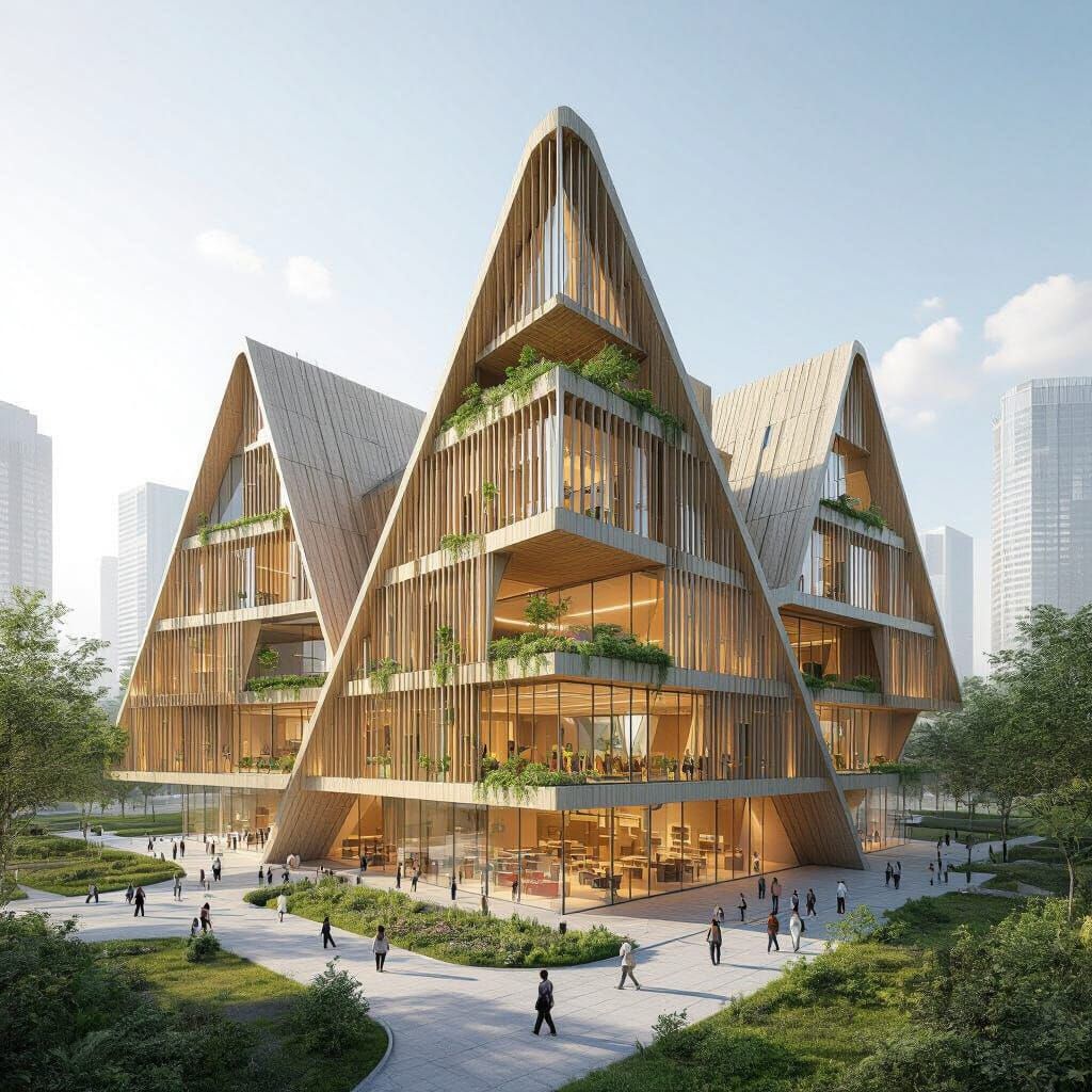Futuristic Timber Pyramid Primary School with Green Facade