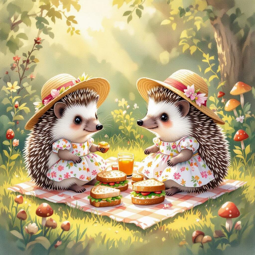 Hedgehog Picnic in Miniature Garden, Watercolor Style