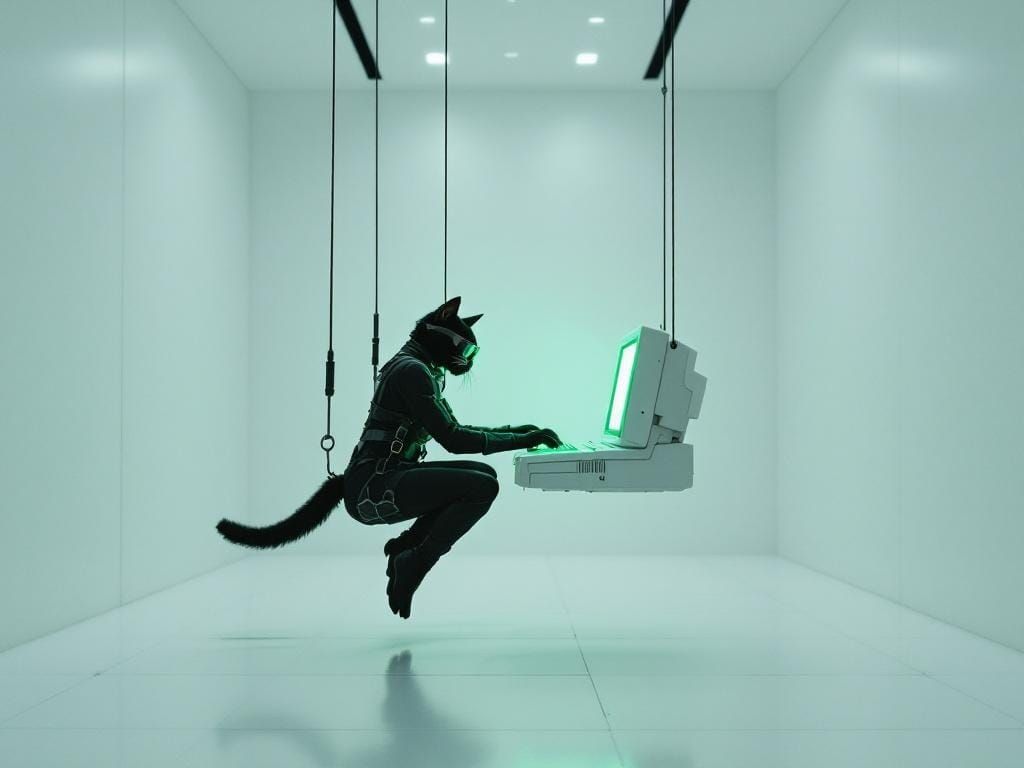 Minimalist Room with Cat Spy in Retro-Futuristic Style