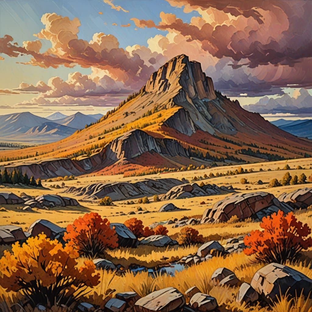 Autumn Butte Landscape with Bison in Textured Gouache