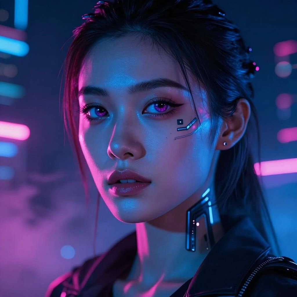 Cyberpunk Woman Illuminated by Neon City Glow