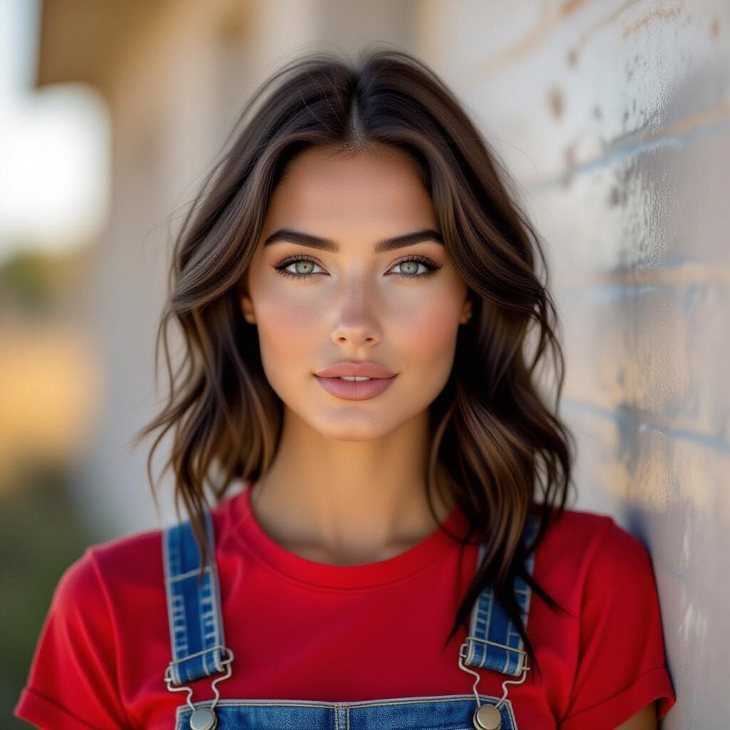 Photorealistic Portrait of Woman in Overalls at Golden Hour