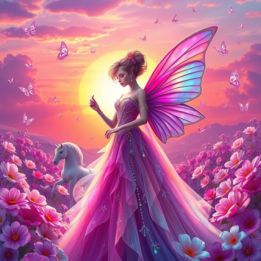 Whimsical Fairy with Unicorns in Dreamy Landscape