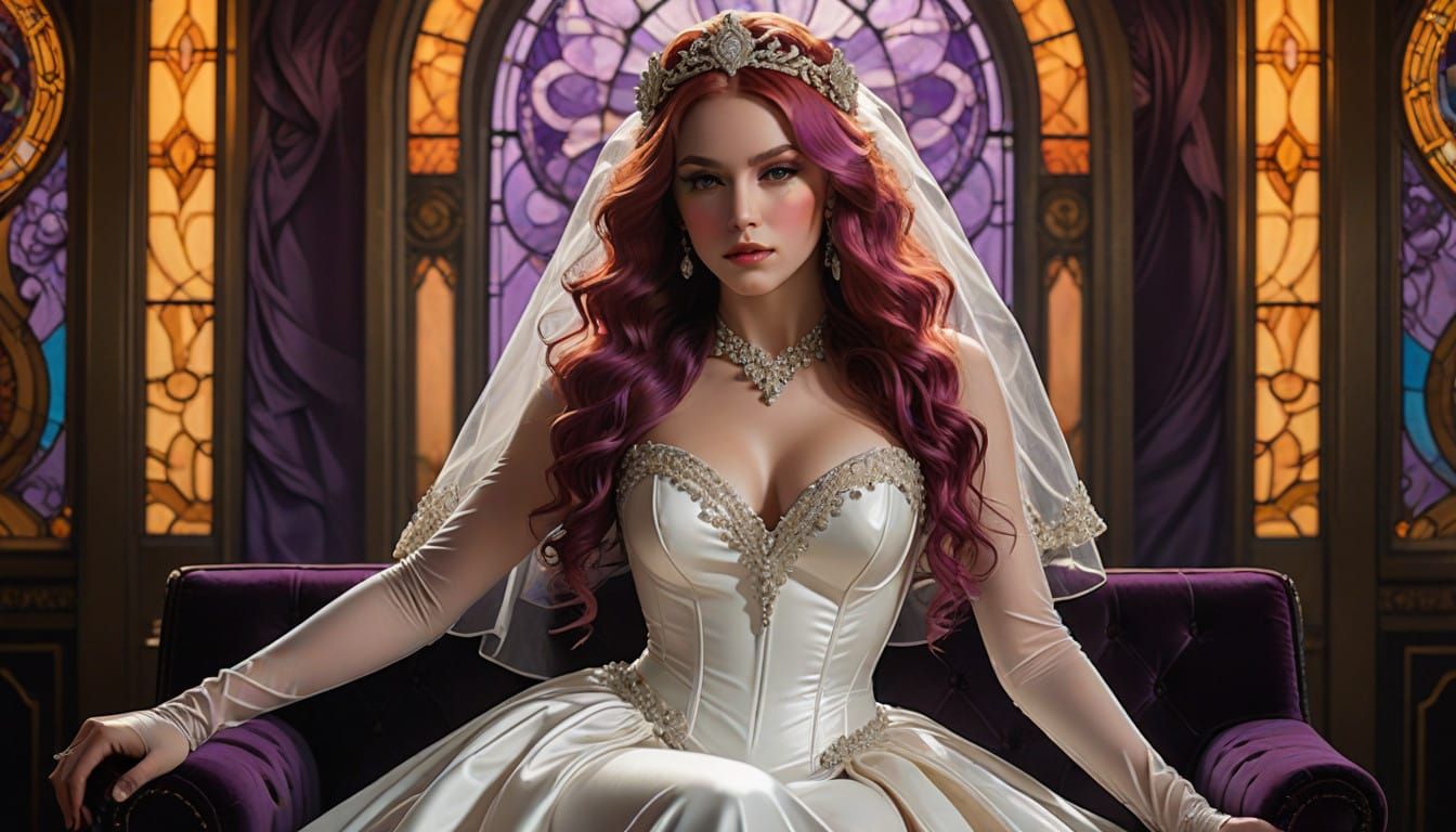 Regal Bride in Latex Wedding Gown with Dark Fantasy Accents