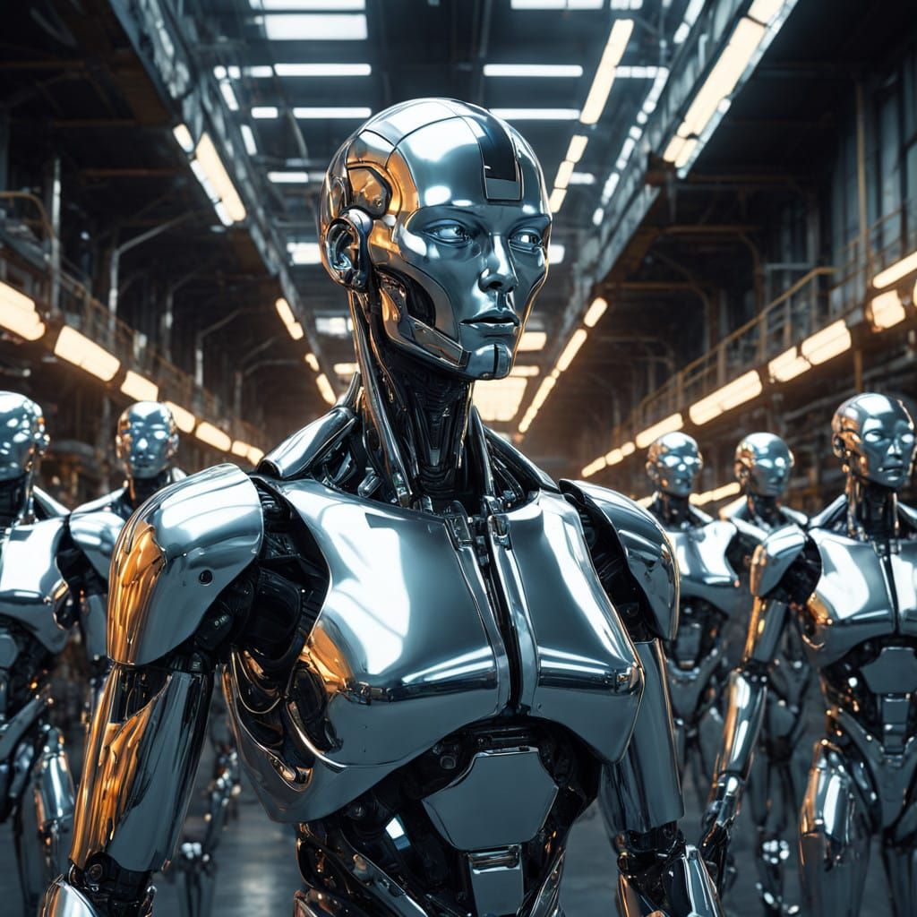 Metallic Goddess Amongst Thousands in a Futuristic Factory