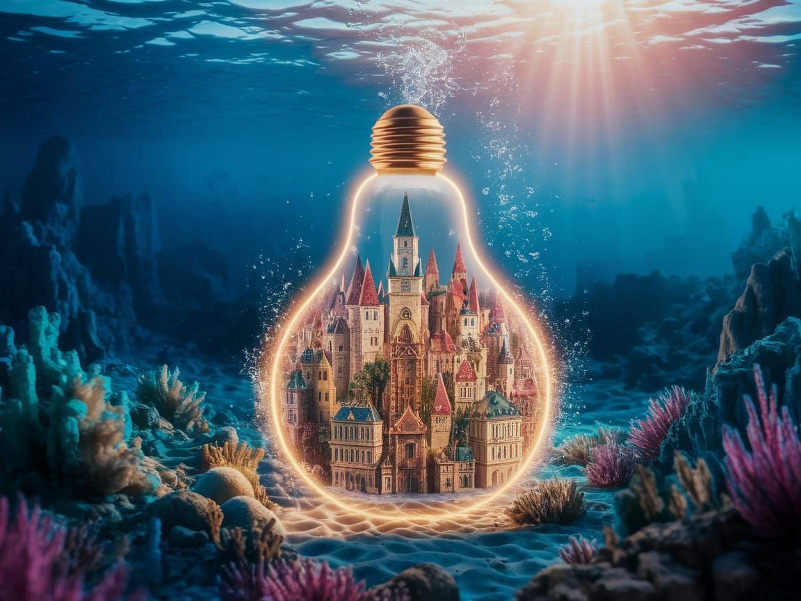 Underwater Lightbulb Town: A Dreamy Photorealistic Scene