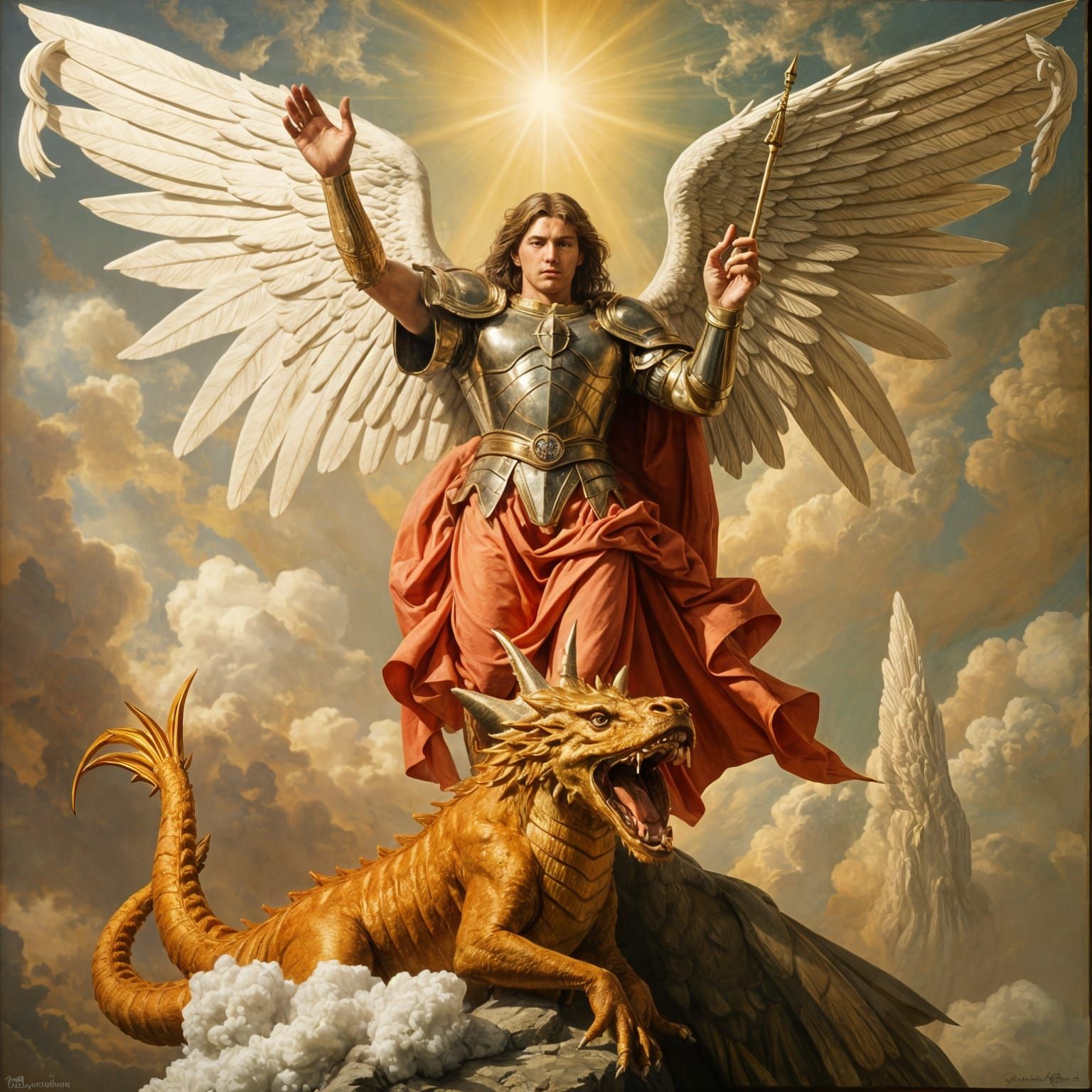 Archangel Michael Triumphs Over Defeated Dragon in Renaissan...