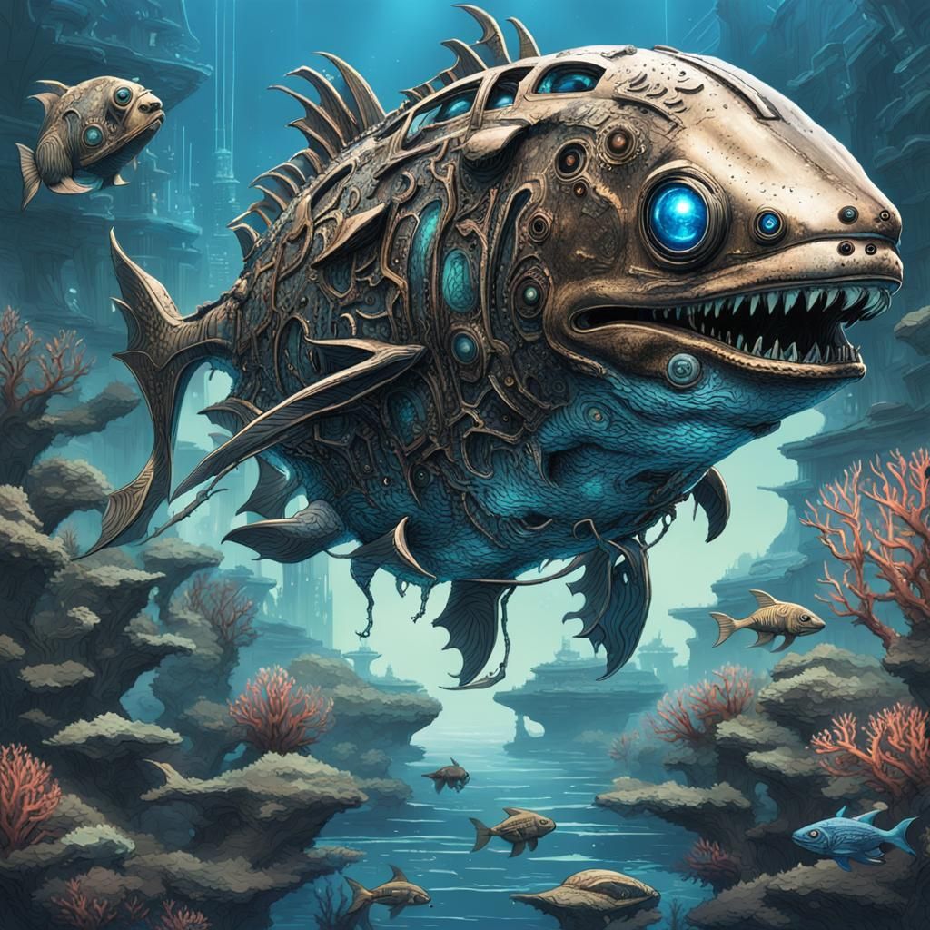 anglerfish orca based kaiju with corroded biomechanical elem...