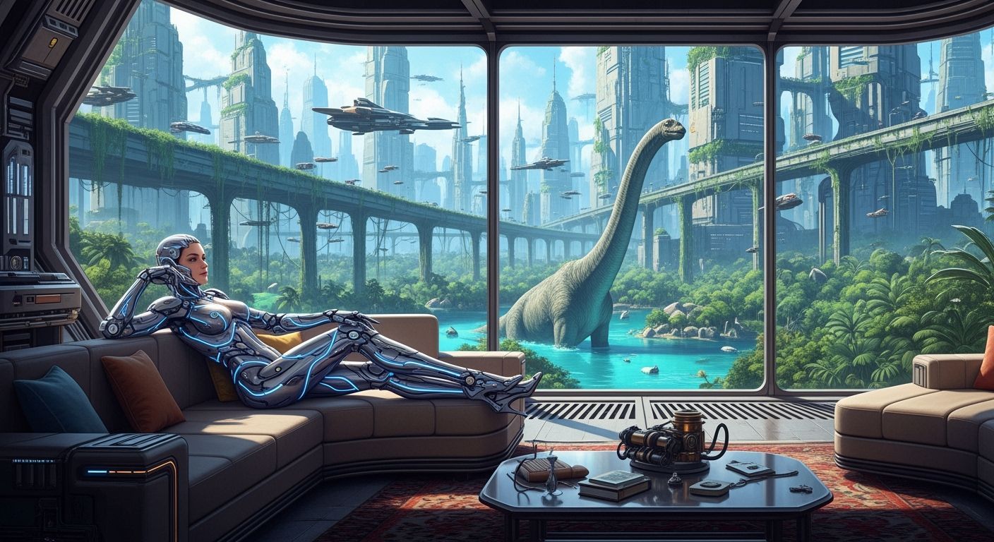 Cybernetic Woman in Post-Apocalyptic Manga Cityscape