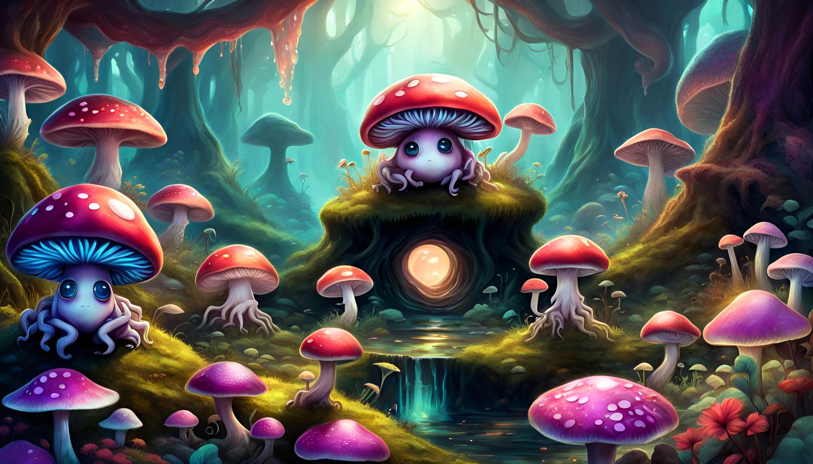 Cute Fungal Beings in a Dreamy Landscape