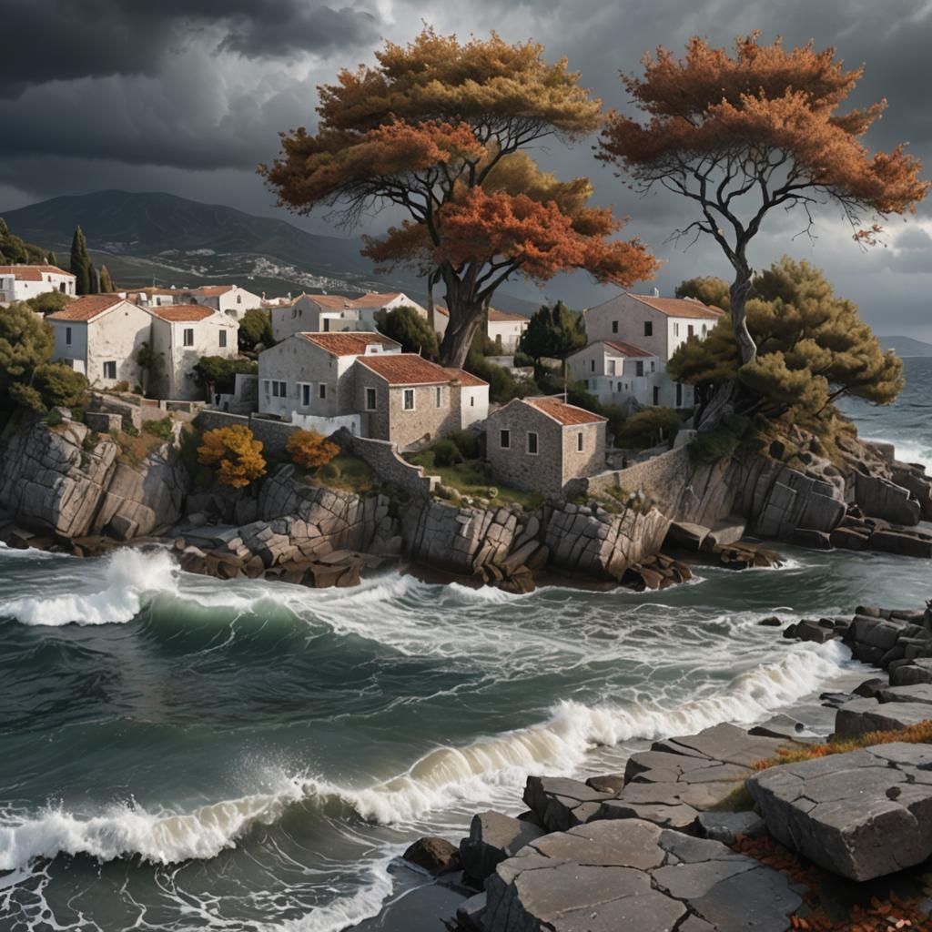 Dramatic Greek Village Seascape in Autumn Storm