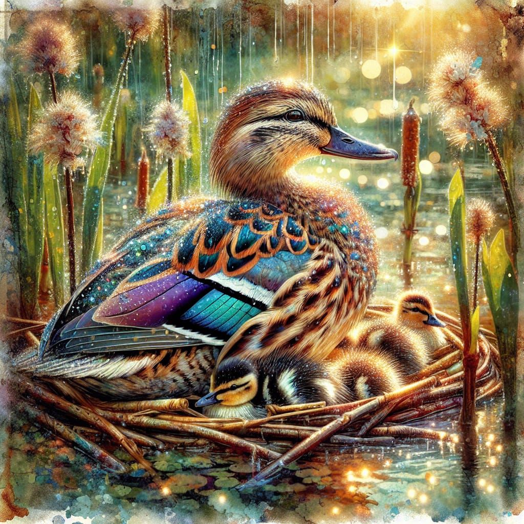 Duck and Ducklings in Watercolor Impressionist Style