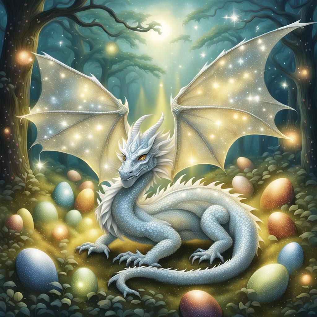 "DALLE 3, (LoRa: sparkles) An image that captures the magnificent sight of a sparkly mother dragon, manifested in a stun...