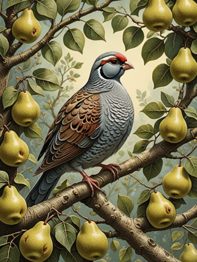 Whimsical Partridge Lute Player in a Faded Pear Tree Scene