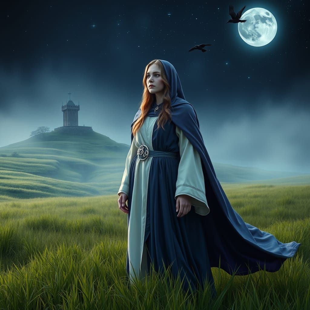 Celtic Priestess in Moonlit Meadow, Photorealistic Style