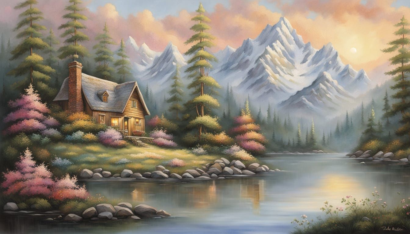 Quaint Cottage by Serene Lake in Oil Painting Style