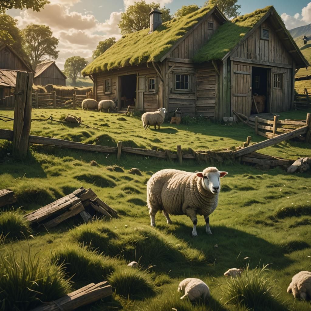 Sheep in Field: Rural Fantasy Matte Painting