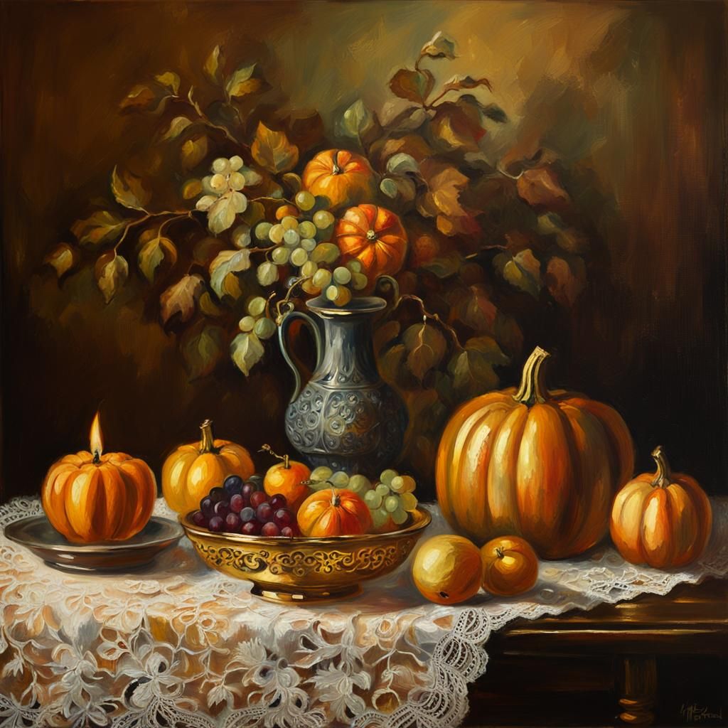 Baroque Autumn Still Life with Pumpkin and Fruit