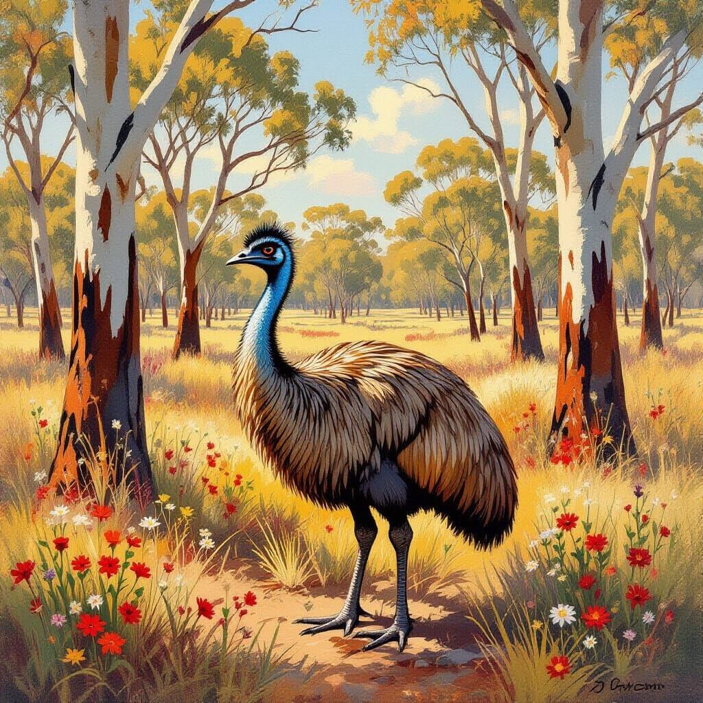 Emu in Australian Bushland, Impressionist Style