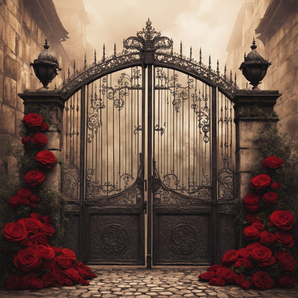 Gothic Pop-Surrealist Scene with Iron Gates