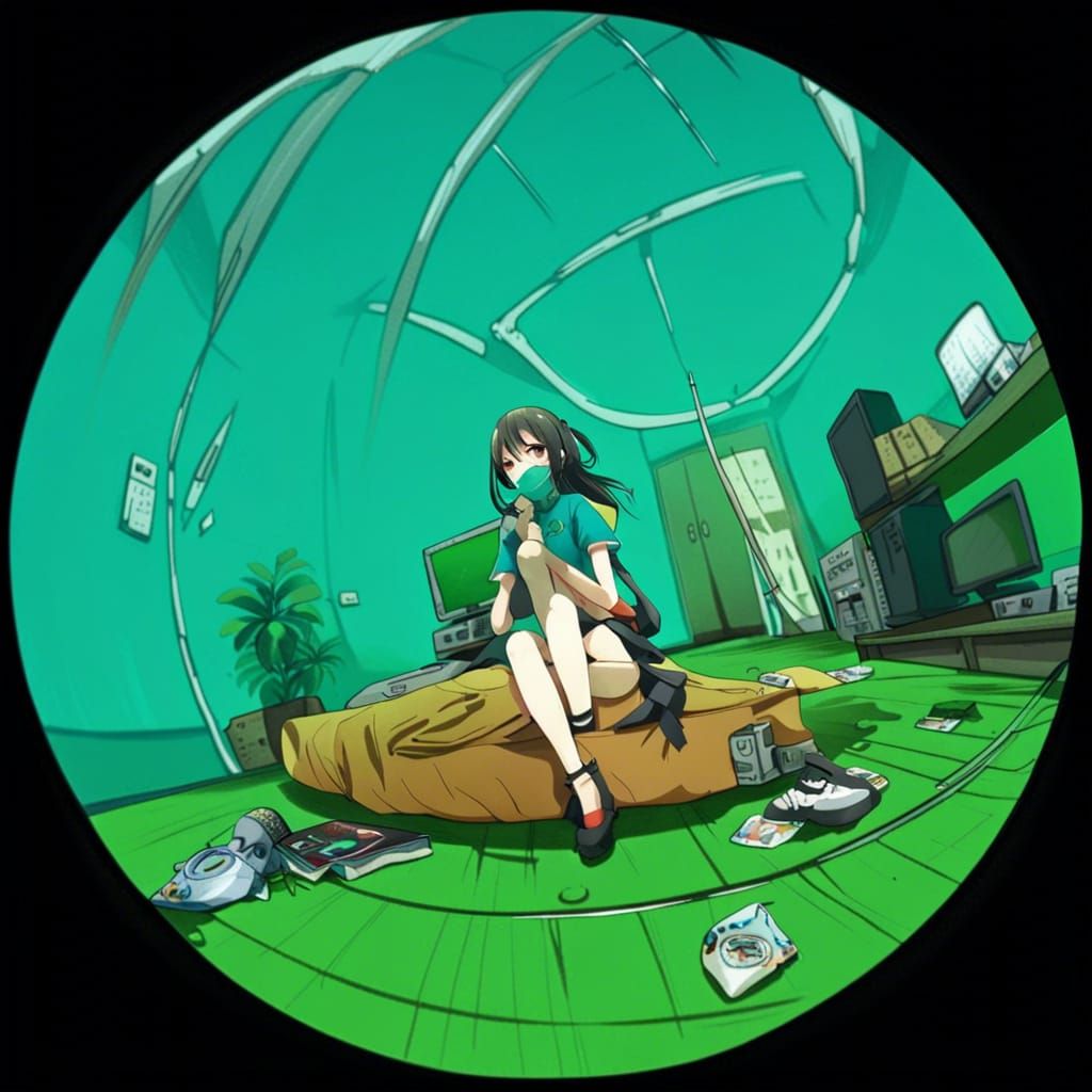 Brunette Anime Girl in Room, Fisheye Lens