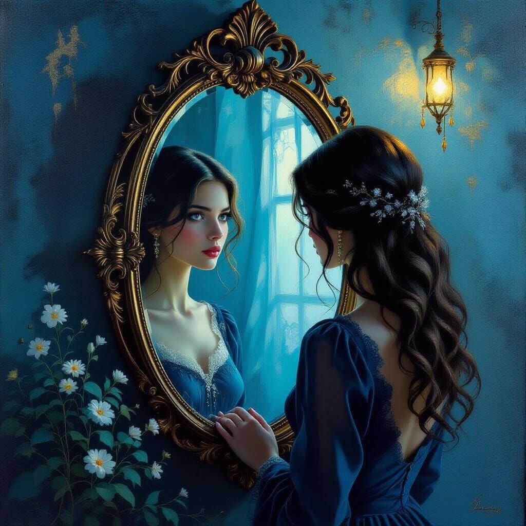 Surreal Oil Painting of Woman's Inner Reflection