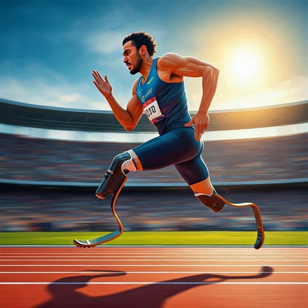 Paralympic Runner Sprinting, Impressionist Oil Painting