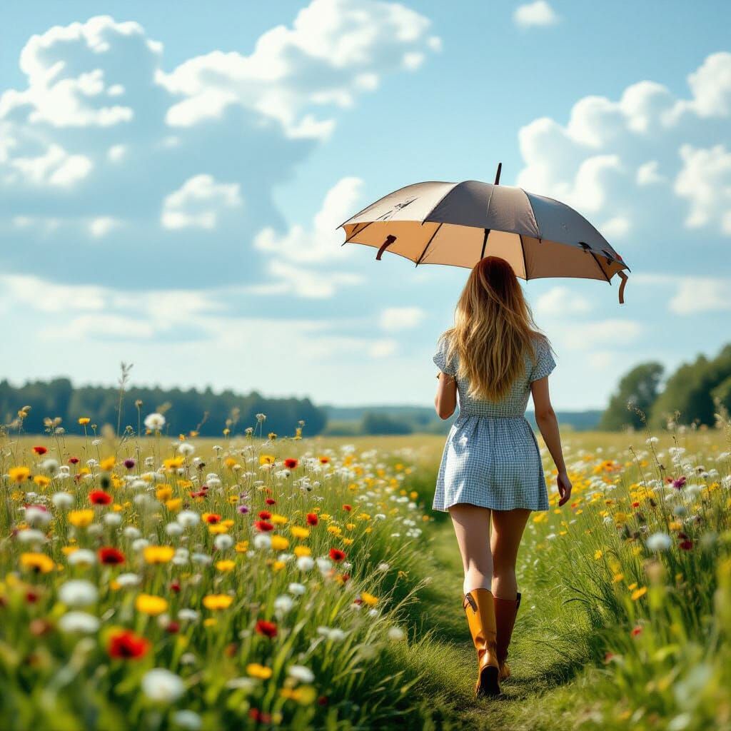 Woman Walking in Rainy Wildflower Meadow