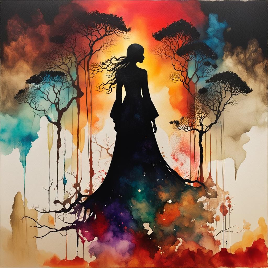 Magical Priestess Silhouette in Liquid Alcohol Ink