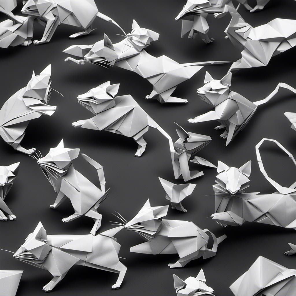 Origami Cat and Mouse Chase, Hyperrealistic Art