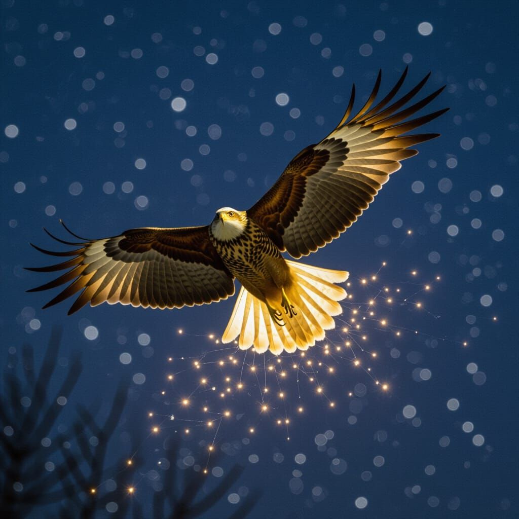 Ruby Light Raptor Flying Through Night Sky