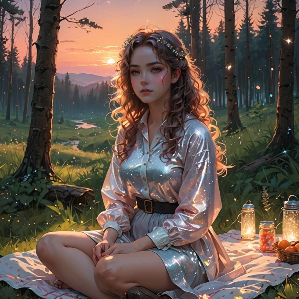 Anime Girl's Forest Picnic at Sunset