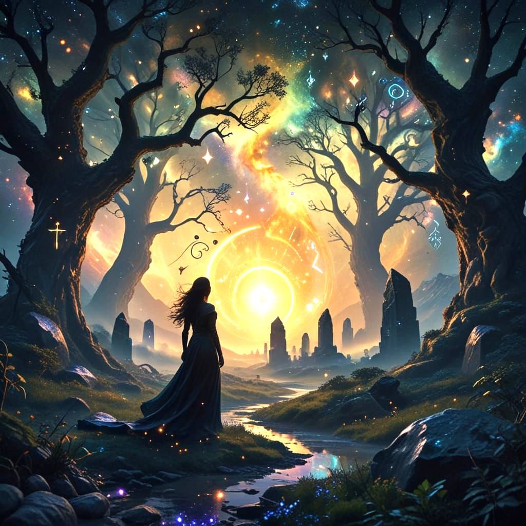 Dreamlike Ritual in Deep Space with Glowing Nebula