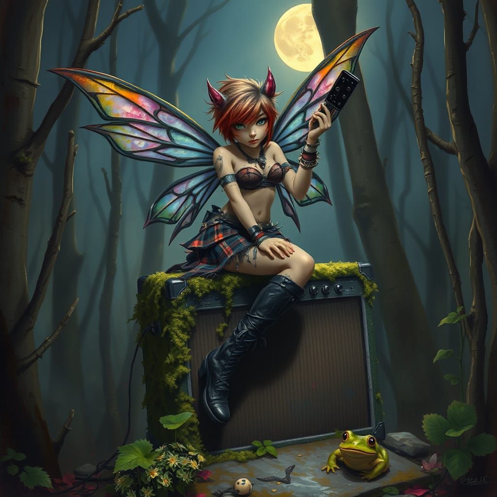 Punk Rocker Fairy in Moonlit Forest Painting