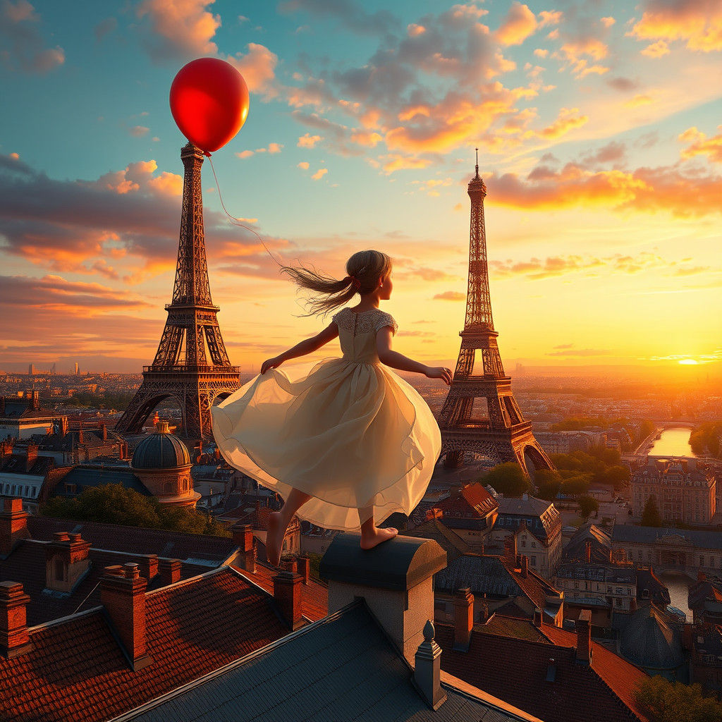 Whimsical Girl Soars Over Paris at Sunset