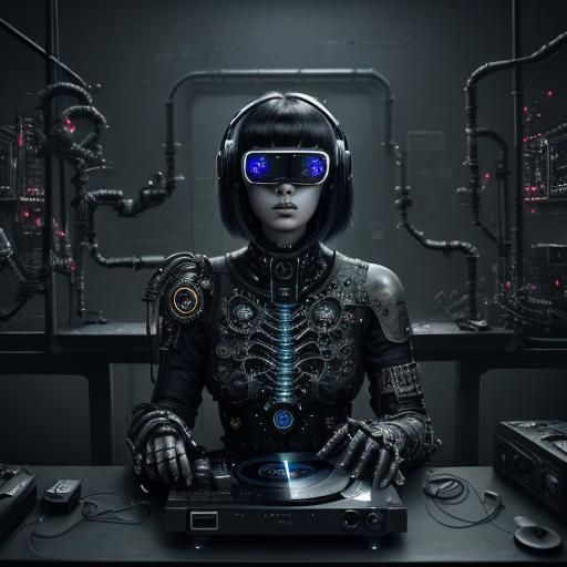 Cyberpunk Model with VR Goggles in Black and White