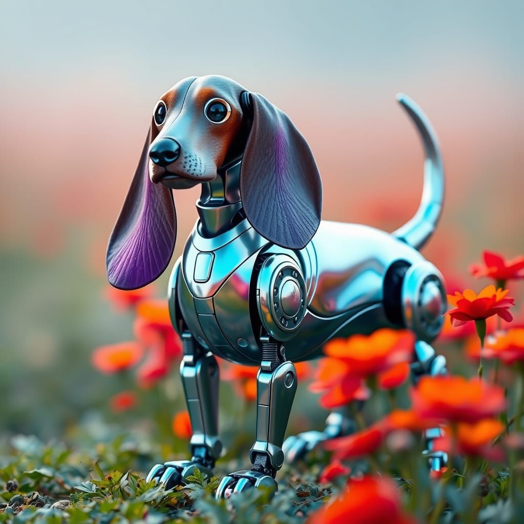 Robotic Basset Hound in Tron Style Flowers