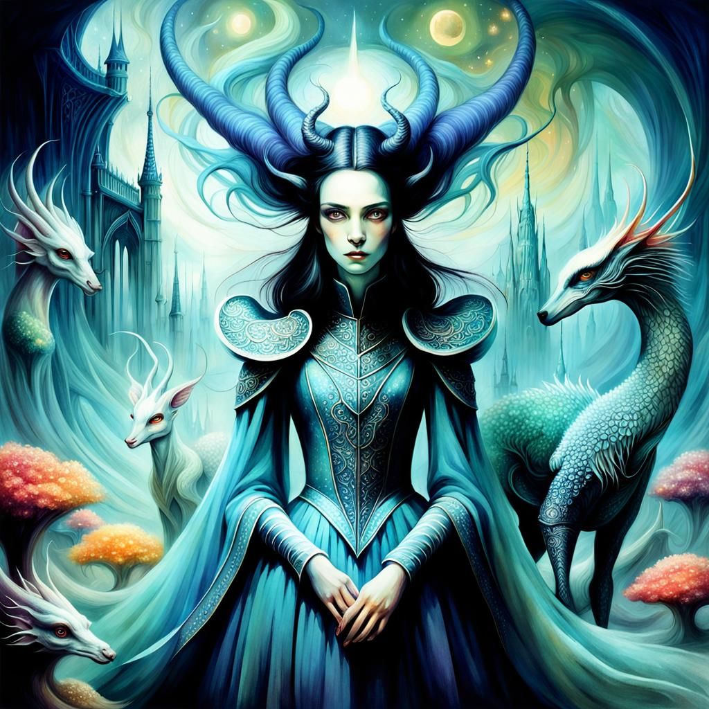 Surreal Fantasy World With Horned Woman