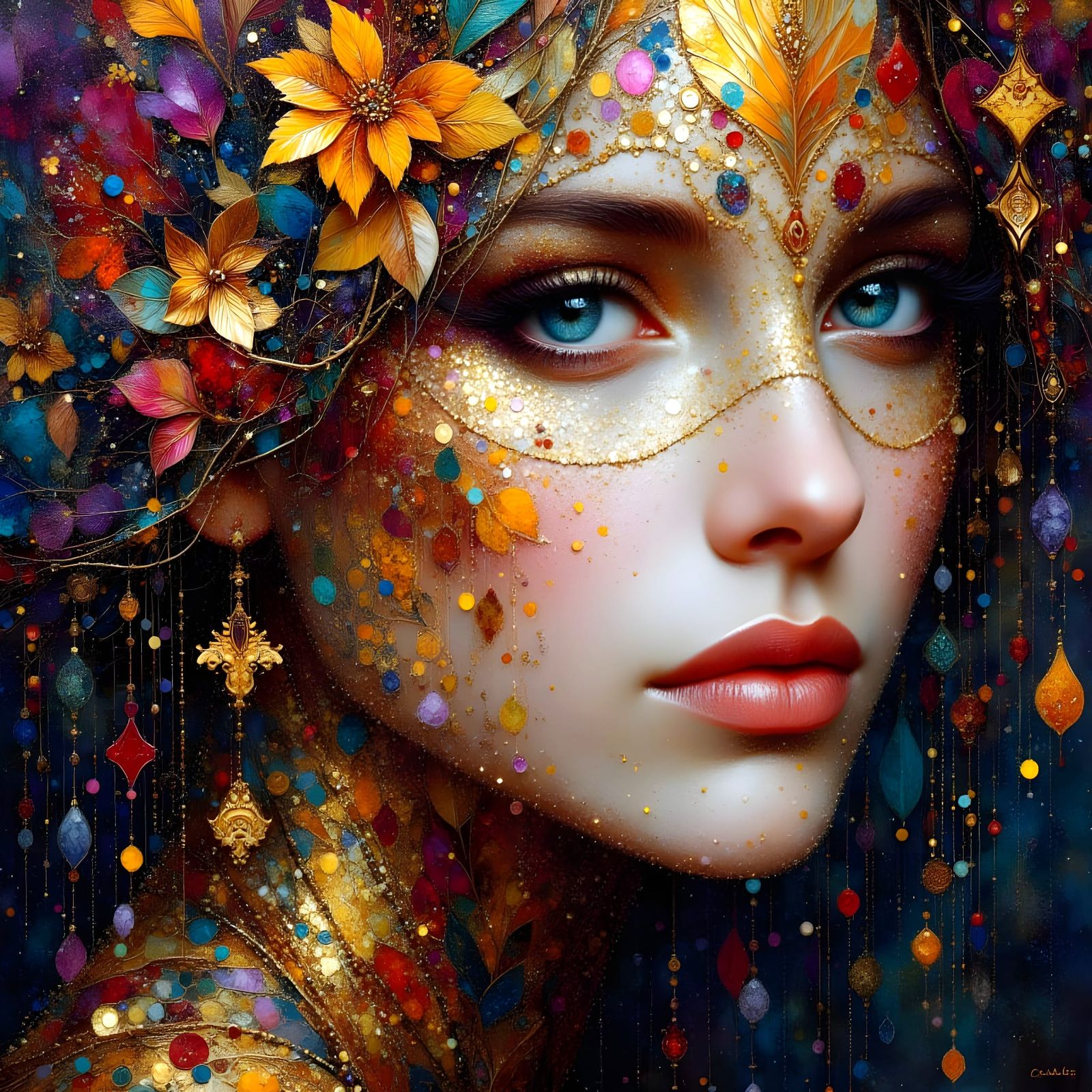 Surreal Mosaic Portrait with Metallic Accents