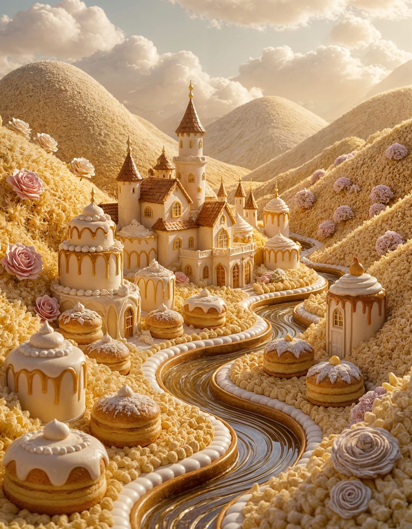 Sweet Cream Cake Village in Golden Light
