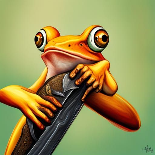 Hyperrealistic Yellow Frog with Bowie Knife