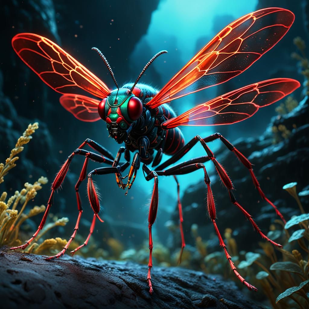 Red Bioluminescent Wasp in Detailed Matte Painting