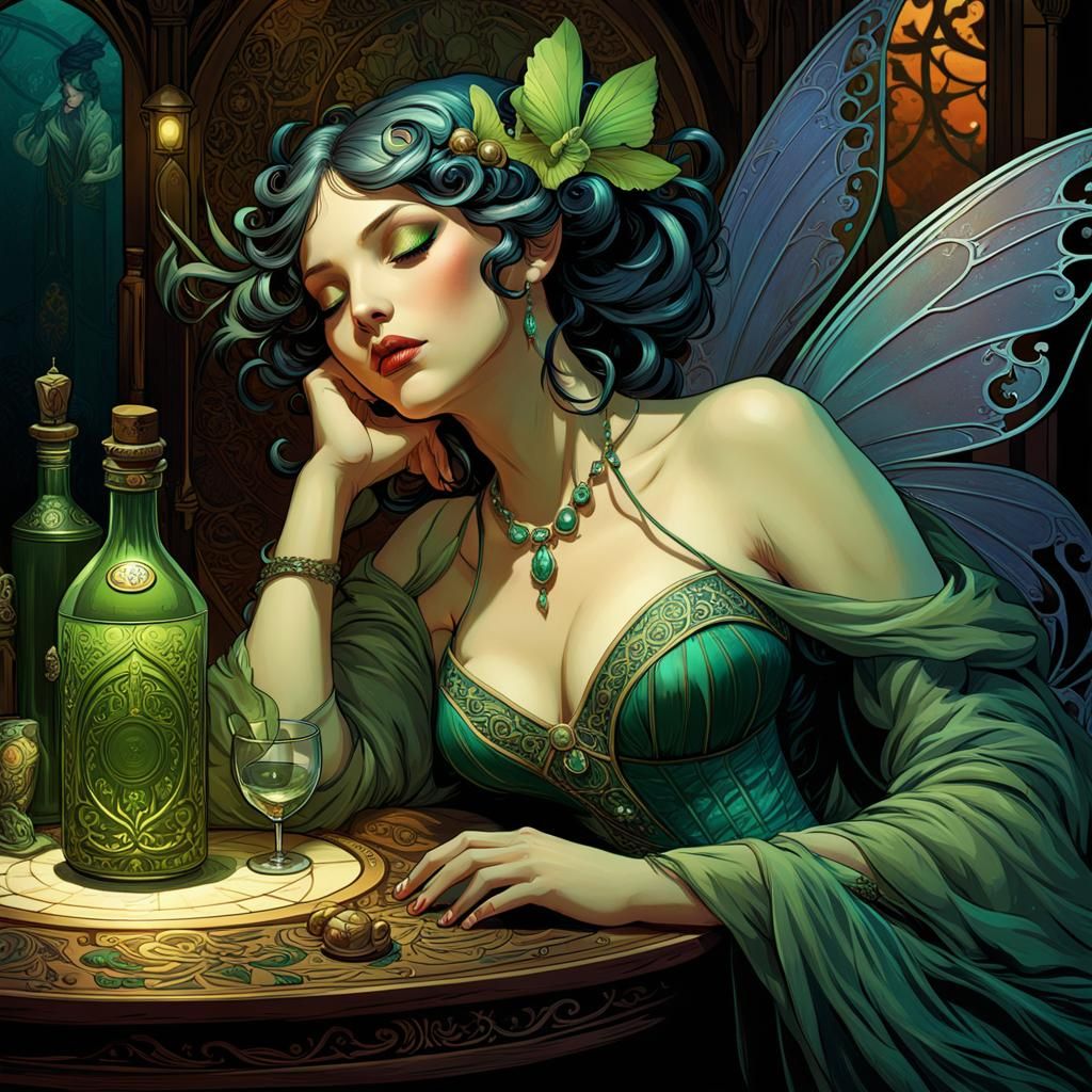 A Beautiful voluptuous tinkabel fairy, fallen asleep at a ta...