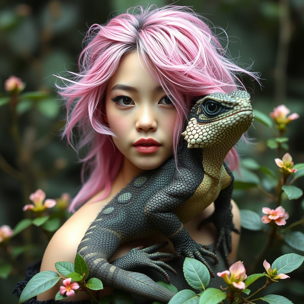 Fierce Fae Goddess with Lizard Companion in Dark Earthy Aest...