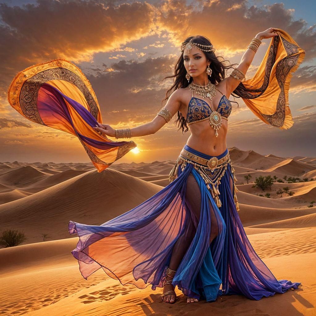 Exotic Sunset Belly Dancer in Fractal Desert Landscape